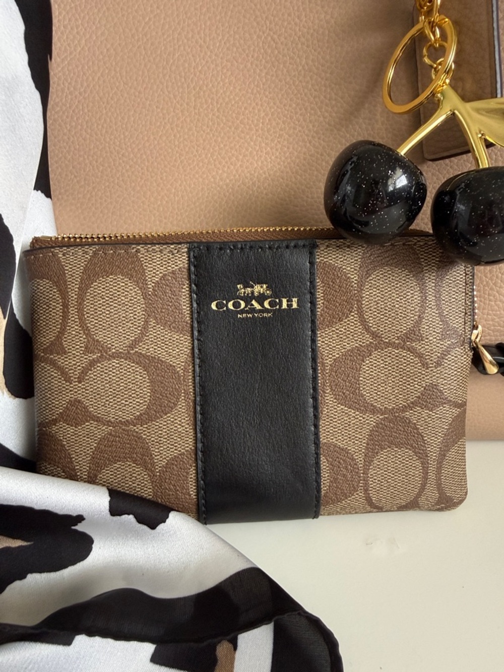 COACH Taupe Leather Mollie Tote Bag with Scarf, cherry charm and wristlet - Picture 10 of 14